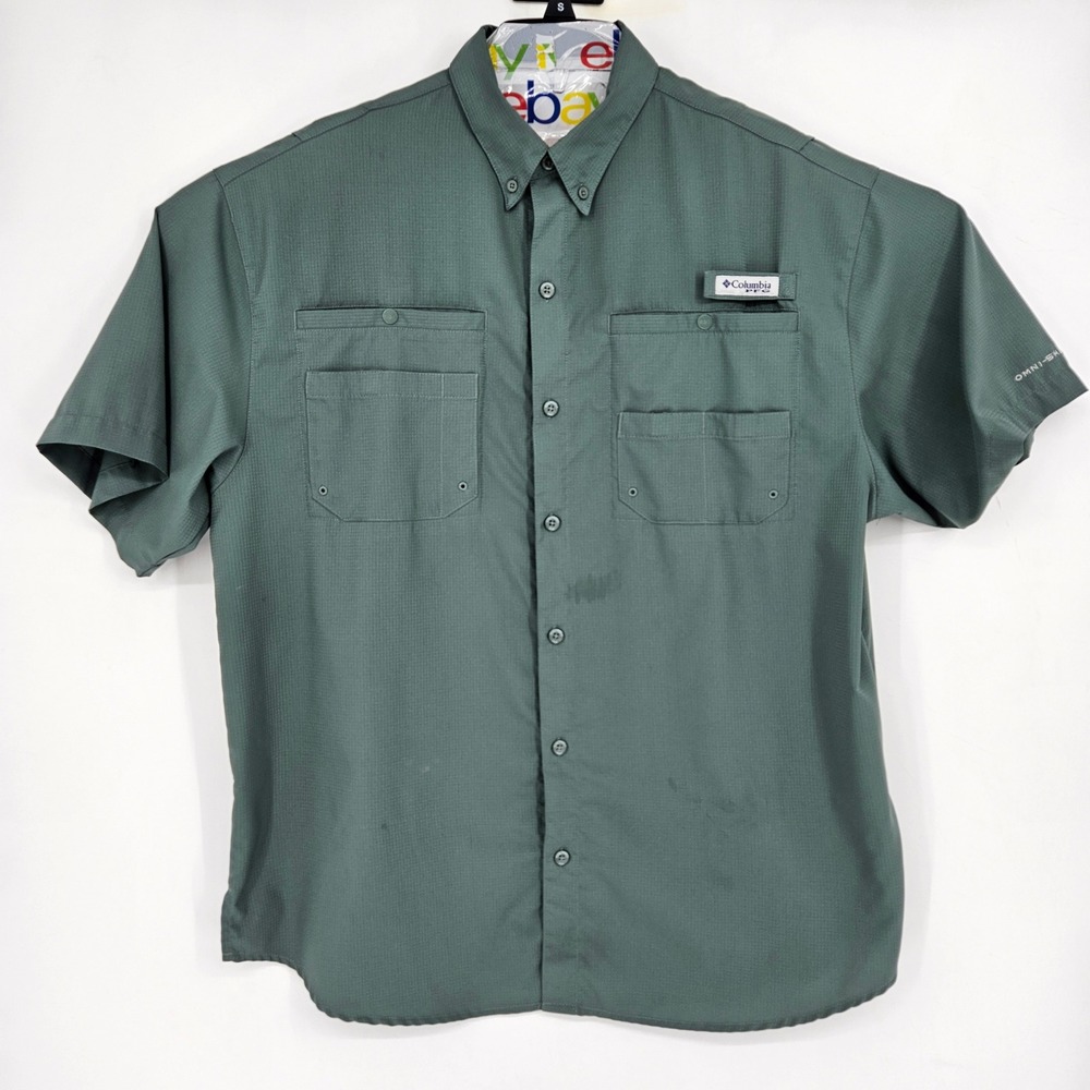 Columbia PFG Shirt Mens Large Omni Shade Green Fishing Vented Short Sleeve